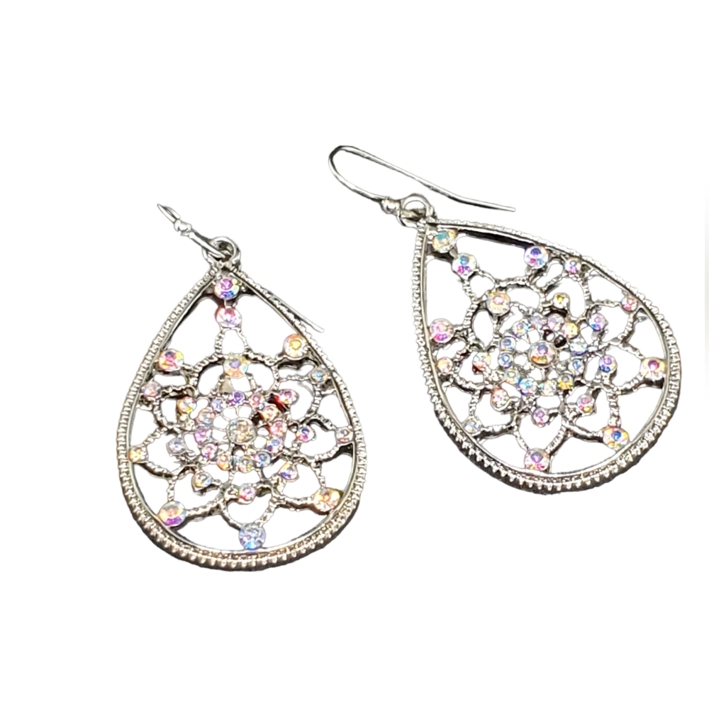 SILVER AND SPARKLING CRYSTAL LARGE TEARDROP EARRINGS